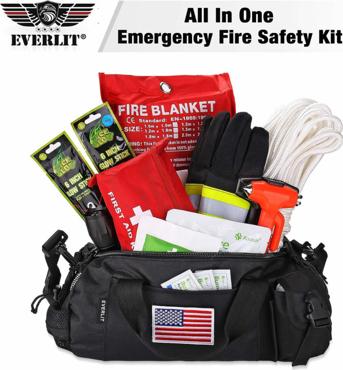 everlit-survival-emergency-fire-safety-kit-with-fire-blanket-heat-resistant-gloves-escape-rope-glass-hammer-glow-sticks-flashlight-first-aid-supplies-with-burn-injury-care-treatment-and-more