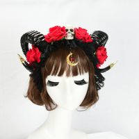 Flower Skull Headband Ox Horn Hair Band Cosplay Headwear for Halloween Party Wear Gothic Headpiece Party Supplies