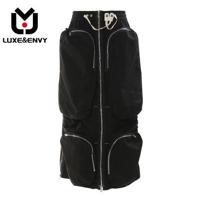 【CC】♦  LUXE ENVY Skirt Elastic Waist Spliced 3d Zippers Big Pockets Side Split Skirts 2023 New