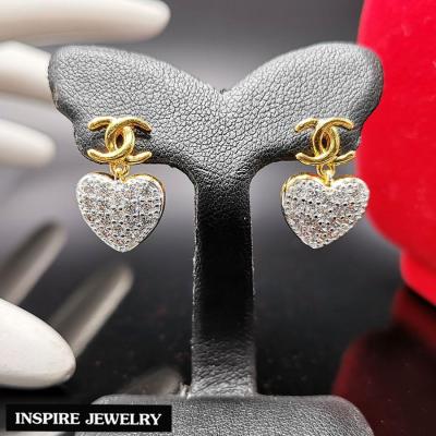 Inspire Jewelry ,ต่างหูCN แบบห้อยหัวใจ ฝังเพชร งานจิวเวลลี่ หุ้มทองแท้ 24K สวยหรู ขนาด 1.2 CM พร้อมถุงกำมะหยี่