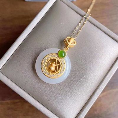 Hetian Jade Necklace Female Gourd Peace Buckle Safeness Ring Necklace Jade Ruyi Clavicle Chain Sterling Silver to Give Mom Jewel