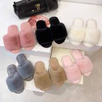 Women Winter Furry Warm Slippers Indoor House Edging Cute Big Rabbit Fur Cotton Sandalias Female Household Shose Faux Sandales