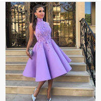 Lilac Homecoming Dresses High neck Sleevless Satin Lace Party Dresses Mini Prom Dress vestidos de graduacion New Arrival