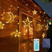 Solar/EU Plug Lamp 3x1M Star Moon Curtain String Fairy Garland 8 Modes IP65 For Outdoor Christmas Party Home Wedding Decoratin