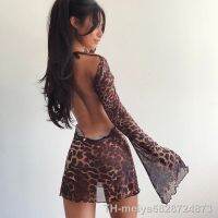 【hot】◐∏❒  Leopard Print Backless See-Through Night Clubwear Flared Sleeves Up Bodycon