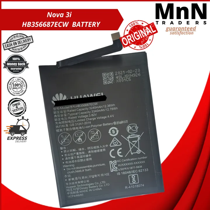 Huawei Nova 3i Model HB356687ECW battery Original Quality and Capacity ...