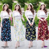 P8055  Set เสื้อปาดไหล่ + กระโปรงดอกทิวลิป  Set off the shoulder top + tulip skirt