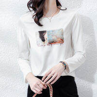 Korean style Womens silk shirts Spring Autumn Basic bottoming shirts Casual printing Tshirt Ladies o-neck Long Sleeve Tee Shirt