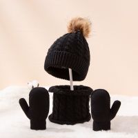 ┋  3Pcs Winter Baby Hat Scarf Gloves Set Solid Color Toddler Bonnet Cute Pompom Knitted Hats Outdoor Warm Infant Accessories