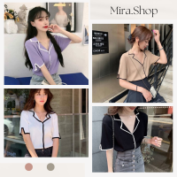 Mira-shop เสื้อไหมพรมpoloคอวีเล่นสีตัดขอบน่ารักลูกคุณ เสื้อครอป  9390