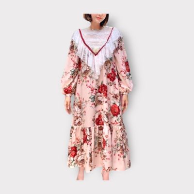 P007-090 PIMNADACLOSET -  Long  Puff Sleeve Crew Neck Crepe Satin Floral Print Loose Midi Dress