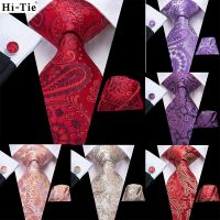 【Fashion house]Hi Tie Mens Tie สีแดงสีฟ้าสีม่วง Paisley Silk Wedding Tie สำหรับผู้ชาย Hanky Cufflink ของขวัญ Tie ชุดธุรกิจแฟชั่น Dropshipping