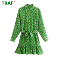 TRAF Green Shirt Dress Women Geometric Print Ruffle Dress Woman Loose Button Up Summer Dress Long Sleeve Short Dresses for Women
