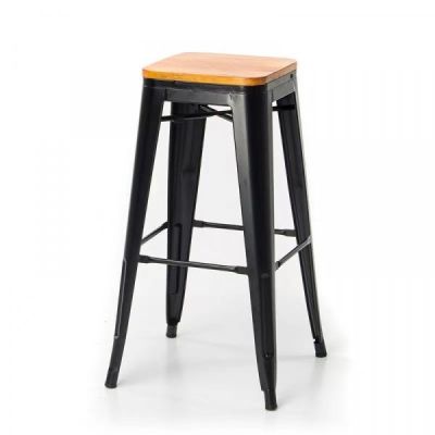 Steel high bar stool, wooden seat size 30.5×43×76 cm.(maximum load capacity: 160 kg.) - black