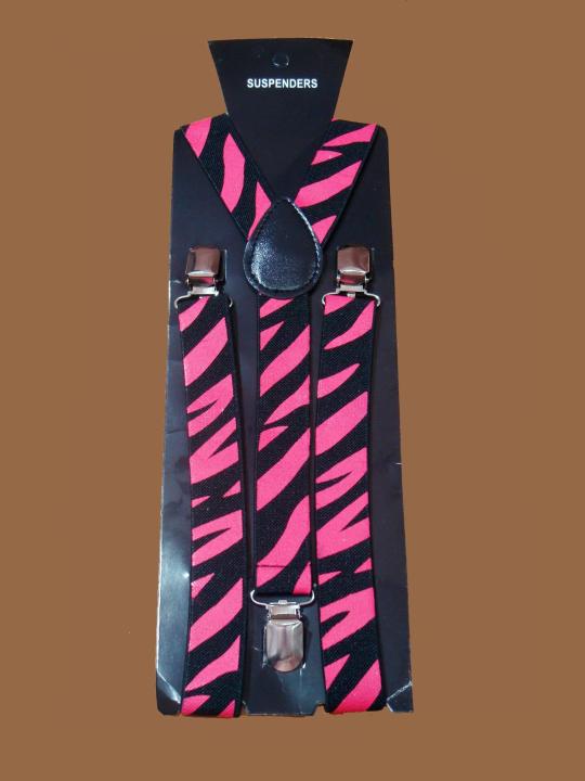 สายเอี๊ยม  Suspenders พื้นสีดำ ลายม้าลายสีบานเย็น