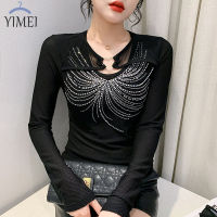 YIMEI Korean version mesh top 2023 autumn and winter new fashion hollowed-out diamond t-shirt female careful machine sexy foreign style slim fitting long-sleeved shirt female