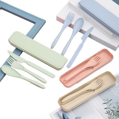 3pcs/set Travel Cutlery Portable Cutlery Box Student Dinnerware Sets Japan Style Wheat Straw Knife Fork Spoon Kitchen Tableware Flatware Sets
