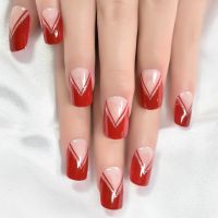 V Shape Square Fingernails Press On Nails Short Red Color With Glitter Fake Nails Art Pre Designed Franch Love