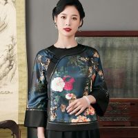 Cheongsam Womens Plus Size Short Tops 2023 Sp Fashion Silk Satin Prints Splicing Crew Neck Chinese Style Qipao Shirts Woman