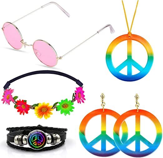 Hippie Costume Set Hippie Accessories Include Peace Sign Necklace and  Earrings Bracelet Headband Hippie Sunglasses Hippie Dress Up for 60's 70's  Theme Party
