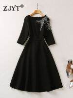 【HOT】❒▲ ZJYT Luxury Diamonds 2023 Designer Three Quarter Sleeve Aline Vestidos Fashion New