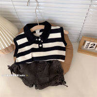 Spot parcel post Girls Summer 2023 New Suit Baby Girl Striped Fashion Vest Children Trend All-Match Drawstring Shorts Fashion