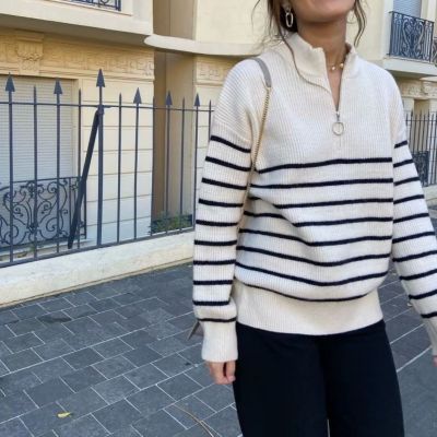 ZARAˉ Dara Za Womens European Station 2023 Autumn New European Fashion Design Niche Striped Turtleneck Sweater