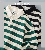 SEATUEMA แขนสั้นซัมเมอร์ผู้ชาย,เสื้อโปโลลำลองหลวมระบายอากาศลายทาง