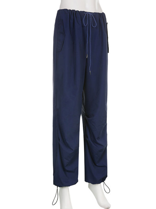 สตรีแฟชั่น-drawstring-กางเกงคาร์โก้สบายๆหลวมสีทึบกระเป๋าเอวต่ำกางเกงกางเกงฮิปฮอป-streetwear