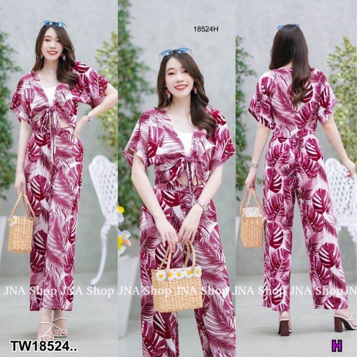 tw18524-set-2-ชิ้น-เสื้อผูกโบว์หน้าลายใบไม้-กางเกงลายใบไม้ขายาว