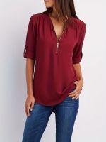 xixibeauty Solid V Neck Blouse, Casual Ruched Rollable Sleeve Half Zip Blouse, Womens Clothing