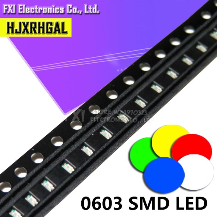 ไดโอด LED SMD 0603 100ชิ้นสีเหลืองสีแดงสีเขียววงจรรวมขายดีสีฟ้าขาว