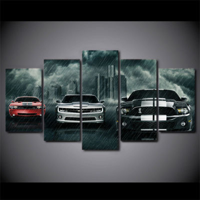 Muscle Cars In Rain Canvas Print Poster Wall Art - 5 Panel Set For Home Decor