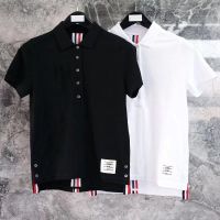 Thom Browne เสื้อโปโลสั้นแขนสั้นผู้ชาย,แถบสีแดง2022ดำแบบตาข่ายคอปกแขนสั้นเสื้อยืดลาเพลผู้ชายและผู้หญิงสไตล์เดียวกัน