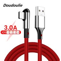 Douflie 3A สายที่ชาร์จไฟรวดเร็ว USB 90องศาสำหรับ I-Phone 13 12 11 Pro Max XS XR X 8 7 6S L-Shape ไนลอนสายโทรศัพท์สาย USB อัลลอย