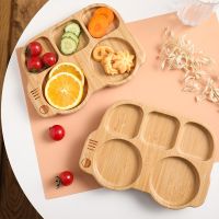 1set Wooden Dinner Plate Silicone Suction Cup Non-slip Waterproof Fork Spoon Baby Feeding Bowl Bamboo Wood Car Shape Baby Plate Bowl Fork Spoon Sets