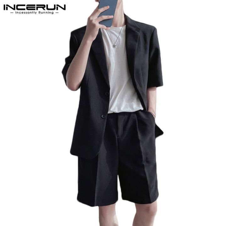 incerun-เสื้อสูทแขนสั้น-กางเกงขาสั้น-สไตล์เกาหลี-แฟชั่นผู้ชาย