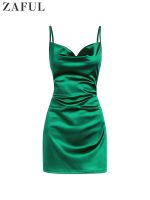 ZZOOI ZAFUL Satin Dress 90s Sheeny Draped Slip Satin Cocktail Dress Evening Dresses for Day and Night Party Elegant Women Bodycon Sexy