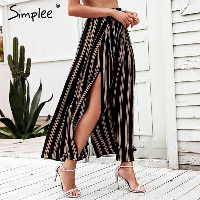 2021Simplee Split striped lady wide leg pants women Summer beach high waist trousers Chic streetwear sash casual pants capris female