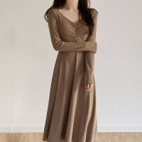 One-Piece Korean Chic Autumn Winter WomenS Knitted Dress Gentle Elegant V-Neck Solid Color Lace-Up Waist Long Dress Base Dress