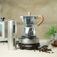 KAMPING (4 ชิ้น/เงิน)หม้อต้มกาแฟสด มอคค่าพอท moka pot+ เตาไฟฟ้ามินิ 500W + เครื่องบดมือหมุน + 2-1 ช้อนตักกาแฟ