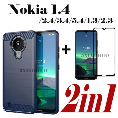 2in1เคสโทรศัพท์สำหรับ Nokia 1.4 2.4 3.4 5.4 1.3 2.3ปลั๊กกันกระแทกซิลิโคนคาร์บอนไฟเบอร์ Texture TPU อ่อนแปรง + กระจกเทมเปอร์ฟิล์ม