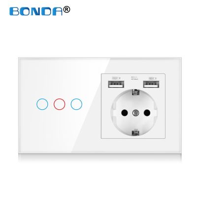 BONDA Touch Light Switch 220V with EU Power Wall USB Sockets Wall Led  Sensor Switches 1/2/3Gang 1Way Crystal Panel Backlight