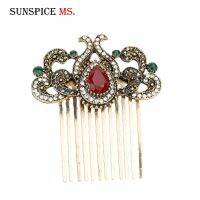 SUNSPICEMS Turkish Women Flower Hair Comb Retro Gold Color Full Rhinestone Arab Ethnic Hair Worn In a Bun or Coil Jewelry Gift