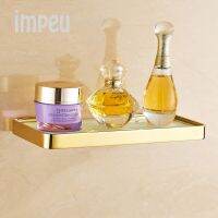 ㍿﹍ IMPEU Gold Brass Glass Shelf Tempered Glass Shower Storage European Style Bathroom Shelf Holder Solid Metal