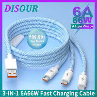 DISOUR Original 6A 66W Fast Charging Cable 3 In 1 Lightning/micro Usb/ Type-C ไนลอนถัก Macaron ข้อมูลสายชาร์จสำหรับ Huawei/honor/xiaomi Super Charge เข้ากันได้กับ iPhone