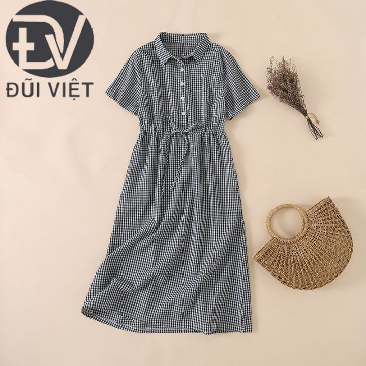 Đầm váy sơ mi dáng suông rút eo 2 túi sườn, chất vải thô đũi thời ...