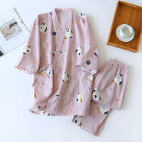 New Japanese-style kimono two-piece couple pajamas cover men and women pure cotton gauze cute kitten thin home service plus size