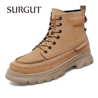 SURGUT Boots Men Leather Shoes Fashion Motorcycle Ankle Military Boots For Work Outdoors Durable Lace-Up Thick Sole Men Boots