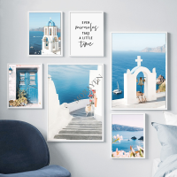 Santorini Church Sea Flower Coconut Tree Wall Art ภาพวาดผ้าใบ Nordic โปสเตอร์และพิมพ์รูปภาพสำหรับตกแต่งห้องนั่งเล่น